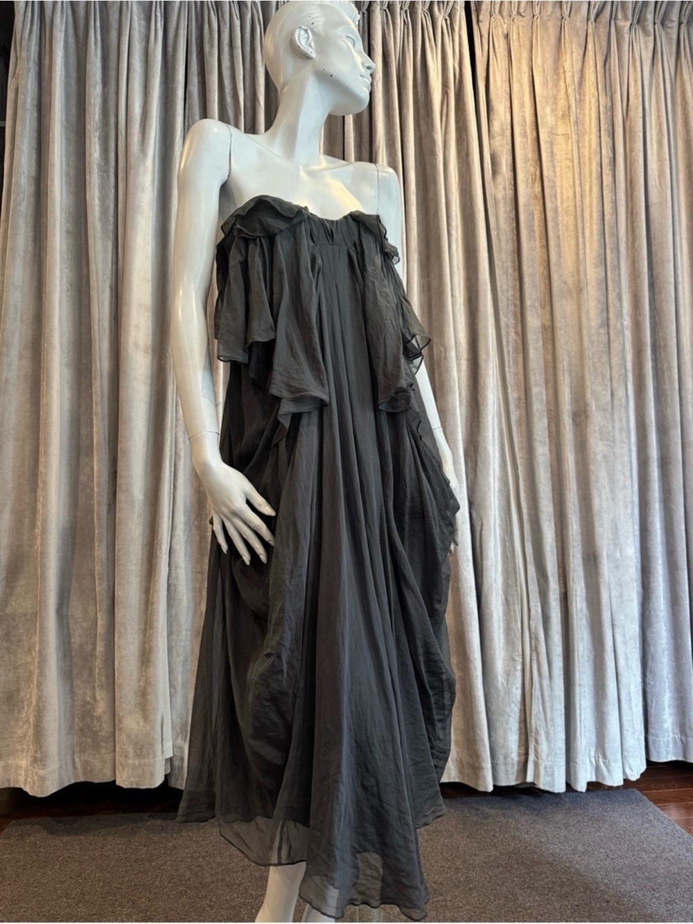Grey silk Ruffled Strapless Maxi Dress - Women